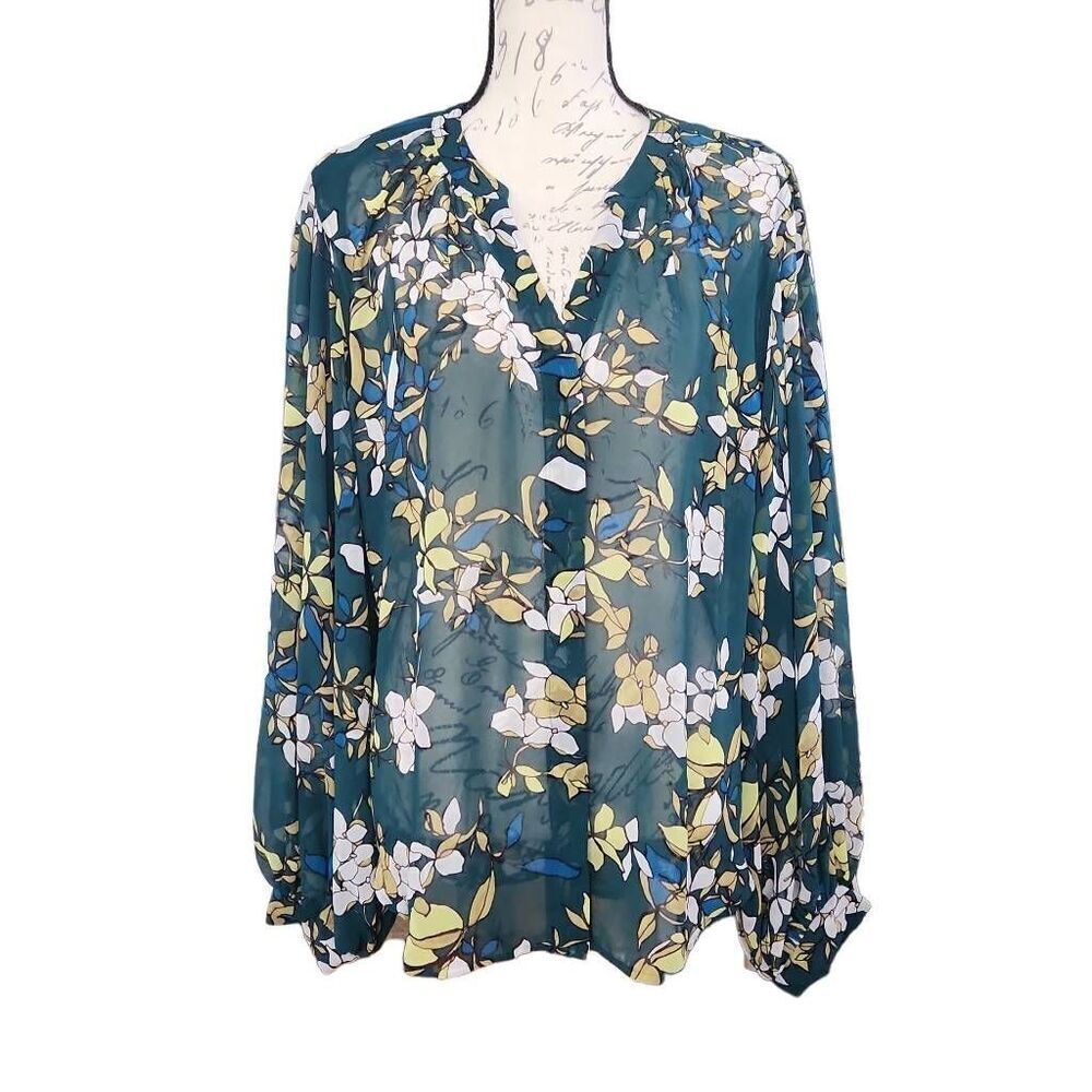 Chico's Women's Size 3 16/18 Green Floral Sheer Button Down Balloon Sleeve Shirt